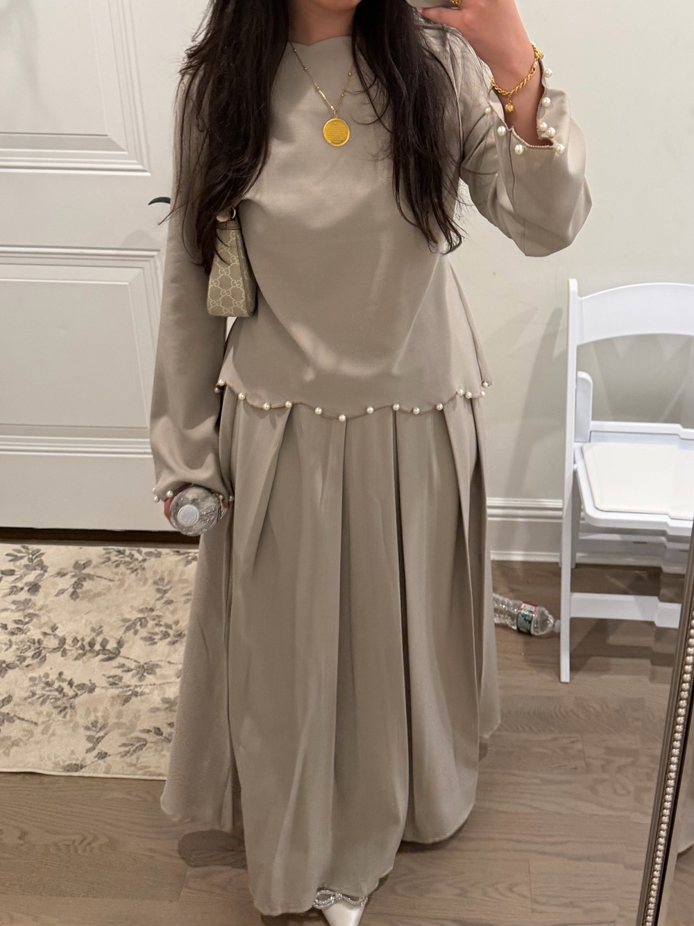 Beige Pearl-Trim Modest Two-Piece Dress Set